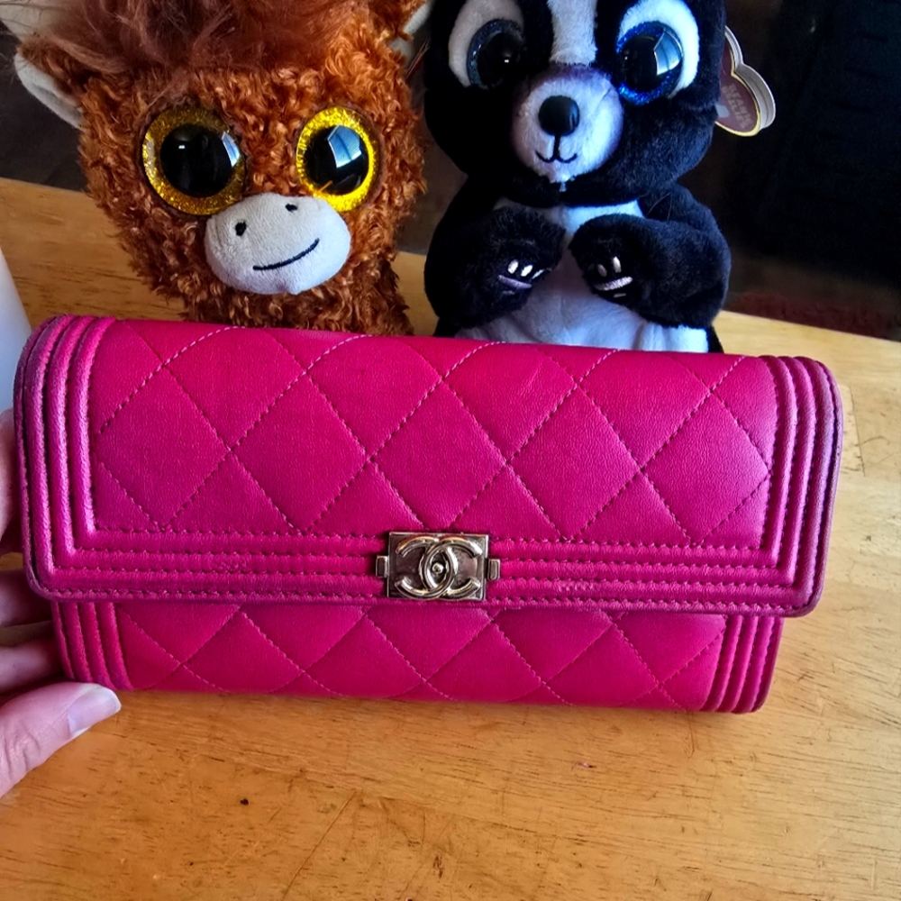 CHANEL | 'Boy CC' pink quilted leather long bifold wallet + authenticity card